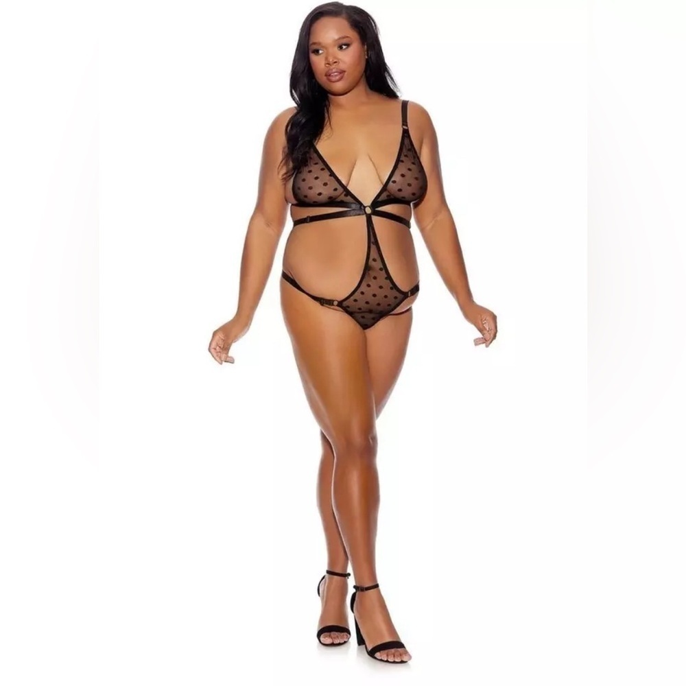 🦋B2G1🦋BARELY BARE Polka Dot Open Back Panty Strappy Bikini Teddy ONE SIZE QUEEN